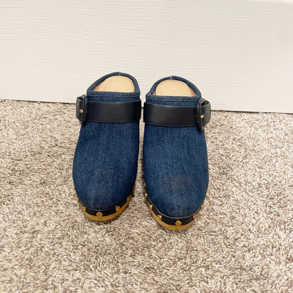 NWOT Veronica Beard Dacey Denim Leather Buckle Mule Clogs Heels Size 6.5 - Picture 3 of 8
